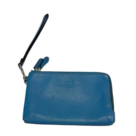 Coach Women's Turquoise Pebbled Leather Double Zip Wristlet Bag - Picture 2 of 6